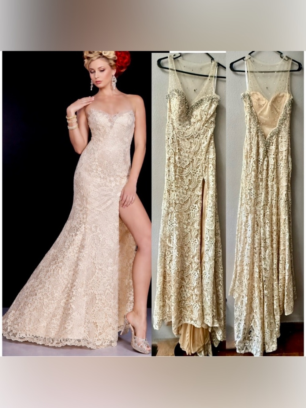 PANOPLY ILLUSION  BEADED SWEETHEART NECKLINE SLEEVELESS LACE GOWN CHAMPAGE Sz. 4